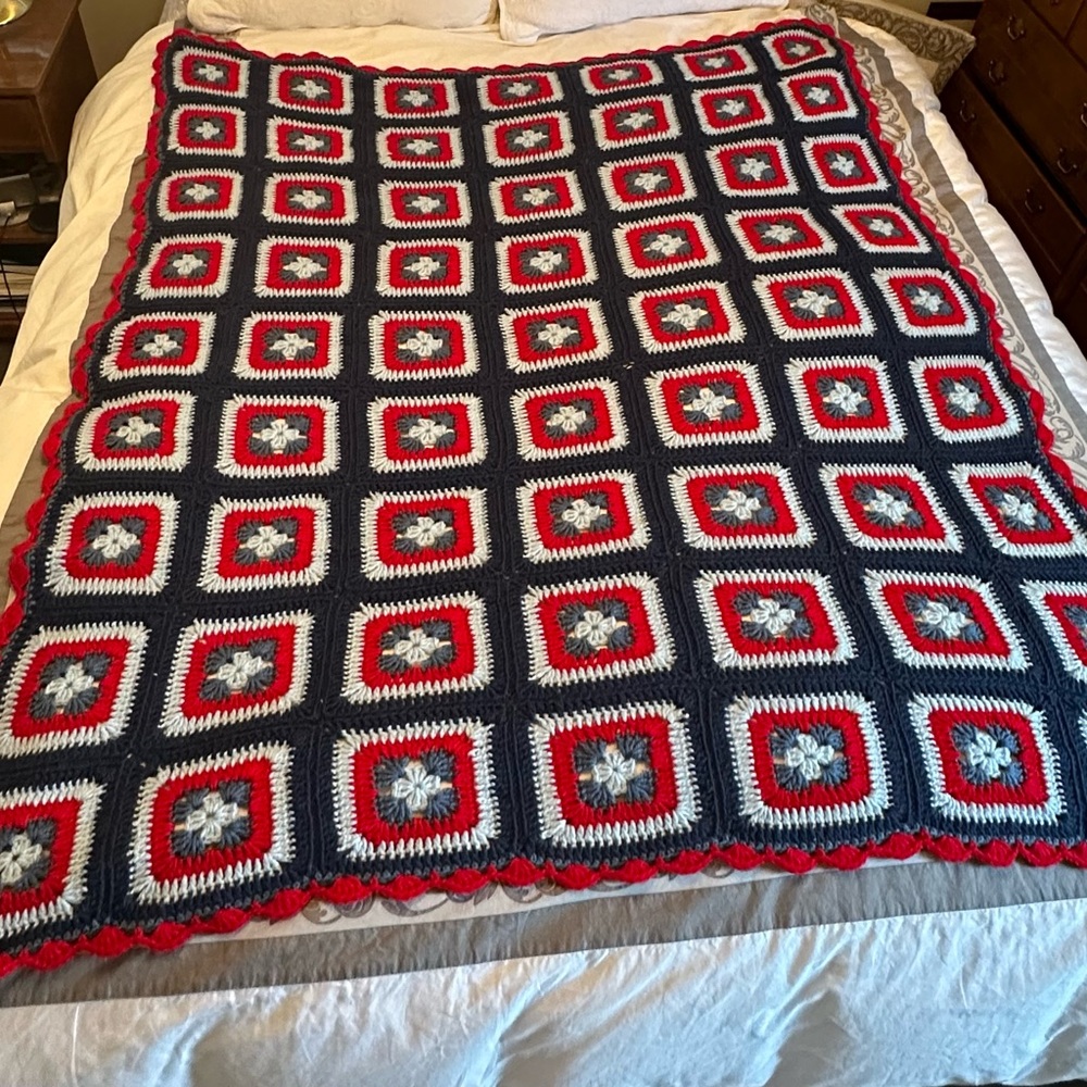Hand crochet Granny Throw Red White and Blue